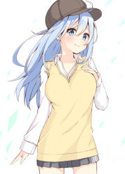 Rule 34 | 1girl, blue eyes, blue hair, blush, breasts, brown hat, cabbie hat, character request, closed mouth, collarbone, collared shirt, cowboy shot, dress shirt, floating hair, grey skirt, hair between eyes, hat, long hair, long sleeves, looking at viewer, medium breasts, ominaeshi (takenoko), original, pleated skirt, shirt, skirt, sleeves past wrists, smile, solo, sweater vest, white background, white shirt