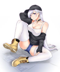 Rule 34 | 1girl, alternate costume, azur lane, bare shoulders, baseball cap, belfast (azur lane), black choker, black hat, black sweater, blue shorts, blush, boots, braid, breasts, brown footwear, casual, choker, cleavage, collarbone, cutoff jeans, cutoffs, earrings, french braid, hat, highres, jewelry, large breasts, long hair, long sleeves, looking at viewer, off-shoulder sweater, off shoulder, on floor, os (kazos), purple eyes, shirt, short shorts, shorts, silver hair, sitting, sleeveless, sleeveless shirt, solo, sweater, thighhighs, very long hair, white background, white shirt, white thighhighs