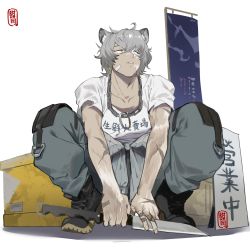 Rule 34 | 1boy, animal ears, arknights, bandaid, bandaid on cheek, bandaid on face, bear ears, from below, full body, grey hair, highres, holding, holding knife, huan shi tian tong, jaye (arknights), jaye (elite ii) (arknights), knife, male focus, scar, scar on arm, shirt, short hair, solo, squatting, white background, white shirt