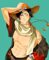Rule 34 | 1boy, abs, aqua background, arm tattoo, belt, bracelet, c a k e, closed mouth, coat, freckles, hand on headwear, hand on own hip, hat, highres, jewelry, log pose, looking to the side, male focus, muscular, muscular male, one piece, orange belt, orange hat, portgas d. ace, scarf, solo, tattoo, upper body, white scarf