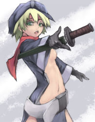 Rule 34 | 1girl, belt, blonde hair, breasts, clothing cutout, green eyes, hat, highres, navel, navel cutout, original, red scarf, riftgarret, scabbard, scarf, sheath, short hair, small breasts, solo, sword, sword girls, weapon