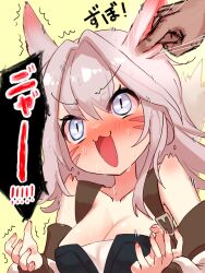 Rule 34 | 1girl, :3, :d, animal ears, warrior of light (ff14), blue eyes, blush, breasts, cat ears, cat girl, cat tail, final fantasy, final fantasy xiv, finger in ear, gaurir, grey hair, highres, large breasts, medium hair, miqo&#039;te, nervous smile, open mouth, smile, sound effects, surprised, sweat, tail, translated, twitching, v-shaped eyebrows
