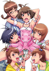 Rule 34 | 1boy, 5girls, :o, :q, akizuki ritsuko, akizuki ryo, androgynous, antenna hair, armband, armpits, arms behind head, arms up, bare shoulders, blue eyes, blue hair, blunt bangs, blush, bob cut, bow, braid, breasts, brown eyes, brown hair, bulge, buttons, choker, cross, crossdressing, cute &amp; girly (idolmaster), denim, dress, erection, erection under clothes, femdom, futami ami, futami mami, glasses, hagiwara yukiho, hair bobbles, hair ornament, halterneck, hetero, highres, hug, hug from behind, idolmaster, idolmaster (classic), imminent rape, incest, jeans, jewelry, kikuchi makoto, large breasts, long tongue, looking at viewer, matou, middle finger, multiple girls, naughty face, necklace, open mouth, panties, pants, pantyshot, parted bangs, penis, pleated skirt, print panties, reverse trap, saliva, saliva trail, scan, scared, scrunchie, shadow, shirt, short dress, short hair, siblings, side ponytail, sidelocks, simple background, sisters, skirt, sleeveless, spread legs, striped clothes, striped shirt, sweat, swept bangs, testicles, tomboy, tongue, tongue out, trap, twin braids, twins, underwear, white background, white panties
