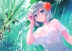 Rule 34 | 1girl, absurdres, bikini, bikini under clothes, blue eyes, blue hair, breasts, carnelian, collarbone, flower, hair ornament, hamakaze (kancolle), highres, kantai collection, large breasts, looking at viewer, outdoors, rain, scan, see-through, shirt, silver hair, solo, swimsuit, water, wet, wet clothes, wet hair, wet shirt, white bikini, white shirt