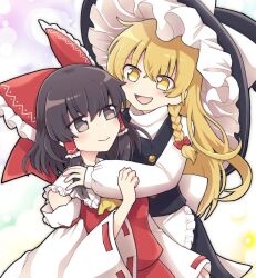 Rule 34 | 2girls, apron, ascot, black vest, blonde hair, blush, bow, braid, brown hair, closed mouth, commentary, detached sleeves, eye contact, frilled bow, frilled hair tubes, frills, hair between eyes, hair bow, hair tubes, hakurei reimu, hat, hat bow, hug, kirisame marisa, long hair, long sleeves, looking at another, mochi547, multiple girls, open mouth, red bow, red skirt, ribbon-trimmed sleeves, ribbon trim, side braid, single braid, skirt, skirt set, smile, symbol-only commentary, touhou, turtleneck, vest, waist apron, white bow, witch hat, yellow ascot, yellow eyes, yuri