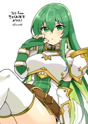 Rule 34 | 1girl, armor, belt, belt buckle, blush, breastplate, buckle, erinys (fire emblem), fingerless gloves, fire emblem, fire emblem: genealogy of the holy war, gloves, green eyes, green hair, hand on own face, long hair, looking at viewer, nintendo, shoulder armor, simple background, solo, thighhighs, thighs, white background, yukia (firstaid0)