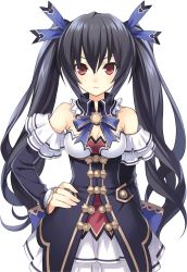 Rule 34 | 10s, 1girl, bare shoulders, black hair, bow, breasts, choujigen game neptune, cleavage, detached sleeves, face, female focus, game console, gust, hair ribbon, hand on own hip, hip focus, jewelry, long hair, neptune (series), nippon ichi, noire (neptunia), official art, playstation 3, red eyes, ribbon, ring, sega, solo, transparent background, tsunako, twintails