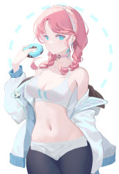 Rule 34 | 1girl, absurdres, arknights, bare shoulders, black pants, blue eyes, blue poison (arknights), blue poison (shoal beat) (arknights), braid, breasts, choker, cleavage, commentary, cowboy shot, cropped legs, doughnut, earrings, food, hairband, hand up, has bad revision, highres, holding, holding food, jacket, jewelry, leggings, leggings under shorts, long hair, long sleeves, looking at viewer, md5 mismatch, medium breasts, micro shorts, midriff, navel, off shoulder, pants, pantyhose, pink choker, pink hair, resolution mismatch, senya8833, shorts, simple background, solo, source smaller, spaghetti strap, sports bra, standing, stomach, twin braids, white background, white jacket, white shorts