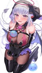 Rule 34 | 1girl, absurdres, amahara subaru, bare shoulders, bdsm, between breasts, black dress, black gloves, black thighhighs, blush, bondage, bound, bound wrists, breasts, chain, demon tail, demon wings, dress, ear piercing, elbow gloves, fang, gloves, halo, highres, kneeling, large breasts, legs, long hair, looking at viewer, o-ring, o-ring top, open mouth, original, pantyhose, pelvic curtain, piercing, pink eyes, pointy ears, purple skirt, simple background, skin fang, skirt, slime (creature), solo, tail, thighhighs, thighs, veil, very long hair, white background, white hair, wings
