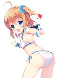Rule 34 | ahoge, ass, bikini, blue eyes, blush, breasts, hair ornament, hairclip, heart, looking at viewer, looking back, open mouth, orange hair, re:stage!, rst hoshinono, sailor collar, scrunchie, shikimiya mana, short hair, side-tie bikini bottom, side ponytail, simple background, small breasts, smile, solo, swimsuit, v, white background, white bikini, wrist cuffs