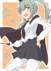 Rule 34 | 1girl, anchovy (girls und panzer), anzio school uniform, artist name, belt, black belt, black cape, black necktie, black ribbon, black skirt, blush, cape, cbgb, commentary, cowboy shot, dress shirt, drill hair, fang, girls und panzer, green hair, hair ribbon, hand on own hip, highres, holding, holding riding crop, long hair, long sleeves, looking at viewer, miniskirt, necktie, open mouth, orange background, outline, outside border, pantyhose, pleated skirt, red eyes, ribbon, riding crop, school uniform, shirt, signature, skirt, sky, smirk, solo, standing, star (sky), starry sky, twin drills, twintails, white outline, white pantyhose, white shirt