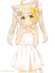 Rule 34 | 1girl, absurdres, ahoge, animal ear fluff, animal ears, artist name, bare shoulders, blush, bow, cat ears, cat girl, cat tail, collarbone, cowboy shot, dress, female focus, fish hair ornament, flat chest, frilled dress, frills, green eyes, hair between eyes, hair bow, hair ornament, hair ribbon, hairclip, hands on own chest, hands up, hazakura hinata, heterochromia, highres, long hair, looking at viewer, open mouth, original, own hands together, ribbon, sidelocks, signature, simple background, sleeveless, sleeveless dress, solo, standing, tail, twintails, white background, white dress, white ribbon, yellow bow, yellow eyes