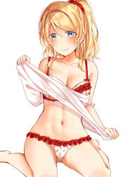 Rule 34 | 1girl, ayase eli, blonde hair, blue eyes, blush, bra, breasts, cleavage, clothes lift, collarbone, commentary request, embarrassed, frilled bra, frilled panties, frills, hair between eyes, hair ornament, hair scrunchie, looking at viewer, love live!, love live! school idol project, medium breasts, midriff, mogu (au1127), navel, panties, ponytail, red scrunchie, scrunchie, shirt, shirt lift, sidelocks, simple background, sitting, solo, stomach, strap slip, tank top, underwear, white background, white shirt