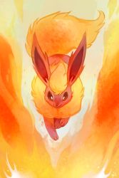 Rule 34 | brown eyes, creature, creatures (company), fiery background, fire, flareon, full body, game freak, gen 1 pokemon, glitchedpuppet, looking at viewer, nintendo, no humans, pokemon, pokemon (creature), smile, solo