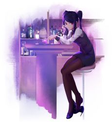 Rule 34 | absurdres, alcohol, bar (place), bartender, black hair, cocktail glass, cup, cyberpunk, drinking glass, high heels, highres, jill stingray, long hair, pantyhose, red eyes, shaker, skirt, solo, twintails, va-11 hall-a, very long hair, whiskey