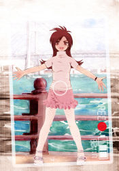 Rule 34 | bridge, brown hair, camera, cloud, day, flat chest, flower, framed, long hair, messiah, messiah cage, pantyhose, photo (object), railing, red eyes, sandals, shirt, skirt, sky, smile, standing, t-shirt, viewfinder, watch, water, wristwatch