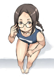Rule 34 | adjusting eyewear, barefoot, braid, enoshima iki, foreshortening, glasses, hair ornament, hairclip, hand on own thigh, one-piece swimsuit, original, school swimsuit, sitting, solo, swimsuit