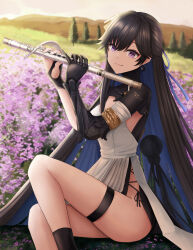 Rule 34 | 1girl, absurdres, armlet, black hair, blue hair, closed mouth, colored inner hair, dress, earrings, flute, hair between eyes, hair ribbon, highres, hivern, instrument, jewelry, long hair, mechanical arms, multicolored hair, no panties, punishing: gray raven, purple eyes, ribbon, selena (punishing: gray raven), single mechanical arm, thigh strap, thighs, very long hair, white dress