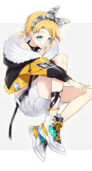Rule 34 | 1girl, bare shoulders, blonde hair, blue eyes, boots, braid, braided bangs, camouflage, character name, closed mouth, drawstring, fingernails, full body, fur-trimmed hood, fur trim, grey background, grey hairband, grey ribbon, hair ribbon, hairband, highres, hood, hood down, hooded jacket, jacket, kagamine rin, long sleeves, nail polish, off shoulder, orange jacket, puffy long sleeves, puffy sleeves, ribbon, sitting, skirt, smile, sogawa, solo, twitter username, two-tone background, vocaloid, white background, white footwear, white skirt, yellow nails