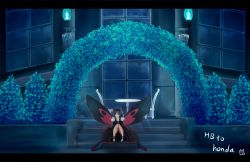 Rule 34 | 10s, 1girl, accel world, aqua theme, arch, bad id, bad pixiv id, butterfly wings, floral arch, insect wings, knees together feet apart, kuroyukihime, letterboxed, rokuroku (xd p), sitting, solo, wings