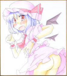 Rule 34 | 1girl, arnest, ass, bat wings, blue hair, blush, detached wings, dress, embarrassed, female focus, from behind, hat, millipen (medium), no panties, painting (medium), red eyes, remilia scarlet, shikishi, solo, touhou, traditional media, watercolor (medium), wings, wrist cuffs