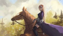 Rule 34 | 1girl, 2016, absurdres, armor, black thighhighs, blonde hair, braid, breasts, bridle, dated, dna-fantasy, fate/apocrypha, fate (series), headpiece, highres, horse, horseback riding, jeanne d&#039;arc (fate), jeanne d&#039;arc (ruler) (fate), large breasts, long braid, long hair, riding, scabbard, sheath, single braid, solo, sword, thighhighs, thighs, traditional media, very long hair, weapon