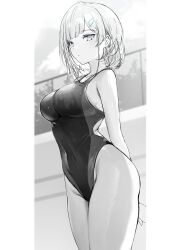 Rule 34 | 1girl, arms behind back, blunt bangs, competition swimsuit, cowboy shot, fence, greyscale, highleg, highleg swimsuit, highres, looking at viewer, luse maonang, monochrome, one-piece swimsuit, original, short hair, solo, standing, swimsuit, two-tone swimsuit