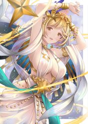 Rule 34 | 1girl, arms up, blonde hair, breasts, brown eyes, circlet, cleavage, djeeta (granblue fantasy), dress, dutch angle, gold trim, granblue fantasy, habutei, hair ornament, highres, iatromantis (granblue fantasy), large breasts, looking at viewer, open mouth, shawl, simple background, sleeveless, sleeveless dress, smile, solo, star (symbol), star hair ornament, teeth, twitter username, upper teeth only, veil, white dress, white headdress, white shawl
