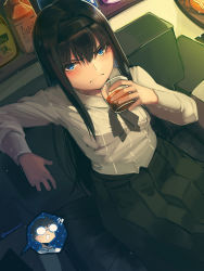 Rule 34 | !?, 1girl, alcohol, black hair, black hairband, black ribbon, black skirt, blue eyes, blush, boa (brianoa), closed mouth, couch, cup, drinking glass, dutch angle, frown, glasses, hairband, highres, holding, holding cup, long hair, long sleeves, looking at viewer, neck ribbon, on couch, opaque glasses, out of frame, pleated skirt, ribbon, shirt, sitting, skirt, solo focus, tohno akiha, tohno shiki, tsukihime, twitter username, white shirt