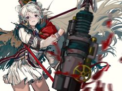 Rule 34 | 1girl, animal ears, arknights, bear ears, blue eyes, cannon, harpoon cannon, hat, heterochromia, looking at viewer, pixiv(9792369), red eyes, rosa (arknights), school uniform, smile, thighhighs, weapon, white background, white hair, zettai ryouiki