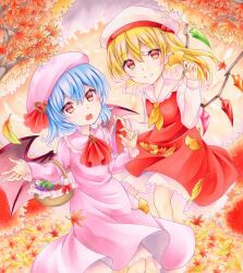 Rule 34 | 2girls, ascot, blonde hair, closed mouth, cowboy shot, crystal wings, dress, flandre scarlet, frills, ginkgo leaf, hat, hat ribbon, leaf, looking at viewer, mob cap, multiple girls, open mouth, outdoors, pink dress, red ascot, red dress, red eyes, red ribbon, remilia scarlet, ribbon, side ponytail, smile, touhou, wassmint, yellow ascot
