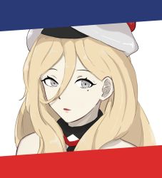 Rule 34 | 1girl, bare shoulders, beret, blonde hair, commentary request, dress, french flag, grey eyes, hair between eyes, hat, highres, kantai collection, long hair, mole, mole under eye, multicolored clothes, multicolored scarf, open mouth, pom pom (clothes), richelieu (kancolle), scarf, sky20409, solo, strapless, strapless dress, upper body