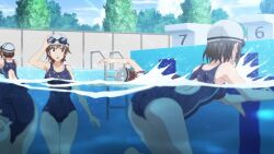 Rule 34 | 6+girls, animated, anime screenshot, ass, barefoot, blonde hair, breasts, cleavage, covered navel, dokyuu hentai hxeros, highres, hoshino kirara, jogging, large breasts, multiple girls, one-piece swimsuit, partially submerged, partially underwater shot, pool, pool ladder, poolside, running, school swimsuit, screencap, short hair, swim cap, swimming, swimming goggles, swimsuit, underwater, video, water, wet, wet hair, yellow eyes