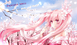 Rule 34 | blush, breasts, character name, cleavage, colored eyelashes, day, dress, hatsune miku, highres, long hair, outdoors, pink eyes, pink hair, sakura, smile, solo, twintails, very long hair, vocaloid