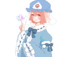 Rule 34 | 1girl, bad id, bad pixiv id, bug, butterfly, dress, female focus, ghost, highres, insect, japanese clothes, pink eyes, pink hair, saigyouji yuyuko, short hair, smile, solo, touhou, triangular headpiece, white background, yujup