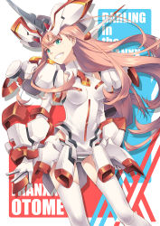 Rule 34 | 10s, 1girl, breasts, clenched teeth, commentary request, copyright name, darling in the franxx, gloves, green eyes, highres, leotard, long hair, looking at viewer, mecha musume, medium breasts, pink hair, simelu, smile, solo, standing, strelizia, teeth, thighhighs, white gloves, white leotard, white thighhighs, zero two (darling in the franxx)