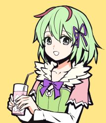 Rule 34 | 1girl, antennae, black eyes, bow, cup, dress, drink, green hair, hair between eyes, hair ornament, hair ribbon, highres, holding, holding cup, ice, ice cube, kohaku (rune factory), long sleeves, looking at viewer, open mouth, ribbon, rune factory, rune factory 4, short hair, simple background, solo, tb (spr1110), yellow background