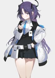 Rule 34 | 1girl, akinashi yuu, aqua necktie, black jacket, black skirt, blue archive, blush, closed mouth, coat, grey background, hair ornament, halo, highres, id card, jacket, long hair, long sleeves, looking at viewer, miniskirt, necktie, open clothes, open coat, pleated skirt, purple eyes, purple hair, simple background, skirt, solo, sweat, two side up, white coat, yuuka (blue archive)