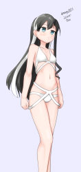 Rule 34 | 1girl, absurdres, alternate costume, arms at sides, bikini, black hair, blue eyes, breasts, closed mouth, cross-laced bikini, cross-laced clothes, cross-laced one-piece swimsuit, dated, feet out of frame, grey background, hair between eyes, highres, kantai collection, long hair, maru (marg0613), multicolored hair, navel, no eyewear, one-hour drawing challenge, ooyodo (kancolle), simple background, small breasts, solo, swimsuit, twitter username, very long hair, white bikini