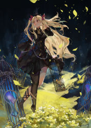 Rule 34 | 1girl, absurdres, birdcage, black dress, blonde hair, blush, bow, cage, chain, crown, dress, earrings, ereshkigal (fate), ereshkigal (third ascension) (fate), fang qiao, fate/grand order, fate (series), floating hair, flower, flowing dress (dq), full body, gold trim, hair ornament, highres, hoop earrings, jewelry, long hair, long sleeves, looking to the side, parted bangs, petals, plantar flexion, red bow, red eyes, solo, tiara, twintails