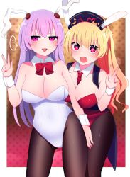 Rule 34 | + +, 2girls, :3, :d, absurdres, alternate costume, animal ears, bare shoulders, black legwear, blush, breasts, cleavage, contrapposto, cowboy shot, detached collar, eyebrows hidden by hair, fake animal ears, hand up, hat, highres, junko (touhou), large breasts, leotard, long hair, looking at viewer, multiple girls, nail polish, open mouth, pantyhose, purple eyes, purple hair, rabbit ears, red leotard, reisen udongein inaba, smile, strapless, strapless leotard, touhou, v, very long hair, white leotard, wrist cuffs, you (noanoamoemoe)