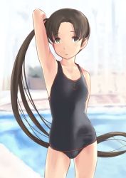 Rule 34 | 10s, 1girl, alternate costume, arm up, armpits, ayanami (kancolle), blush, brown hair, highres, kantai collection, long hair, looking at viewer, one-piece swimsuit, side ponytail, smile, solo, swimsuit, wa (genryusui)