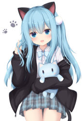Rule 34 | 1girl, :d, animal ears, black jacket, blue bow, blue bowtie, blue eyes, blue hair, borrowed character, bow, bowtie, cat ears, cat girl, cat tail, collared shirt, commentary request, dress shirt, fang, grey skirt, hair between eyes, hand up, hood, hood down, hooded jacket, jacket, kedama (kedama akaza), long hair, long sleeves, looking at viewer, nekoha shizuku, hugging object, off shoulder, one side up, open clothes, open jacket, open mouth, original, plaid, plaid skirt, pleated skirt, ruffling hair, shirt, skirt, sleeves past fingers, sleeves past wrists, smile, solo, stuffed animal, stuffed cat, stuffed toy, tail, thigh gap, very long hair, white shirt