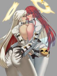 Rule 34 | 2girls, aassddff, ankh, ass, ass grab, belt, bodysuit, breast press, breasts, breasts out, broken halo, colored inner hair, deep skin, dual persona, fingering, french kiss, gloves, grabbing another&#039;s ass, guilty gear, halo, highres, huge breasts, jack-o&#039; valentine, kiss, large breasts, long hair, multicolored hair, multiple girls, pussy juice, red hair, selfcest, symmetrical docking, tongue, tongue out, two-tone hair, white hair, yuri