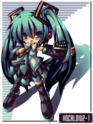 Rule 34 | black footwear, black skirt, black sleeves, blue eyes, blush, boots, chibi, collared shirt, commentary request, dangomushi, detached sleeves, full body, green hair, grey shirt, hatsune miku, holding, holding microphone, long hair, microphone, open mouth, outstretched hand, pleated skirt, shirt, skirt, sleeveless, sleeveless shirt, smile, twintails, vocaloid