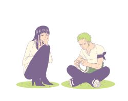 Rule 34 | 1boy, 1girl, bandana, bandana around arm, black hair, blunt bangs, closed eyes, closed mouth, crossed arms, earrings, full body, green hair, hand on own cheek, hand on own face, jewelry, long hair, nico robin, one piece, roronoa zoro, short hair, simple background, single earring, sitting, smile, squatting, zlsnj