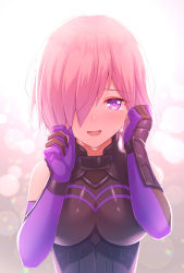 Rule 34 | 1girl, :d, armored leotard, bare shoulders, black leotard, blurry, blurry background, blush, breasts, commentary request, crying, crying with eyes open, depth of field, elbow gloves, fate/grand order, fate (series), gloves, hair over one eye, highres, large breasts, leotard, mash kyrielight, open mouth, pink hair, purple eyes, purple gloves, smile, solo, tears, teeth, tomo (tmtm mf mf), upper body, upper teeth only