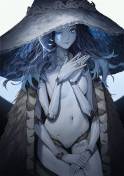 Rule 34 | 1girl, blue eyes, blue hair, blue lips, blue skin, breasts, cloak, colored skin, convenient arm, covering breasts, covering privates, cracked skin, doll joints, duan henglong, elden ring, extra arms, extra faces, fur cloak, hat, highres, jewelry, joints, large hat, lips, looking at viewer, medium breasts, medium hair, navel, nude, one eye closed, open clothes, parted bangs, ranni the witch, revision, ring, small breasts, smile, solo, white hat, witch hat