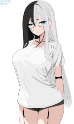 Rule 34 | 1girl, absurdres, asymmetrical hair, black hair, blue eyes, breasts, highres, humanoid robot, large breasts, long hair, looking at viewer, robot, robot girl, scp-079, scp foundation, shirt, shorts, simple background, solo, white background, white hair, white shirt