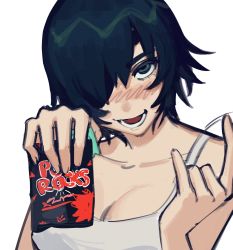Rule 34 | 1girl, black hair, blush, breasts, candy, chainsaw man, cleavage, eyepatch, food, green eyes, highres, himeno (chainsaw man), holding, holding candy, holding food, liowig, looking at viewer, medium breasts, meme, open mouth, pop rocks, short hair, simple background, smile, solo, tank top, white background, white tank top